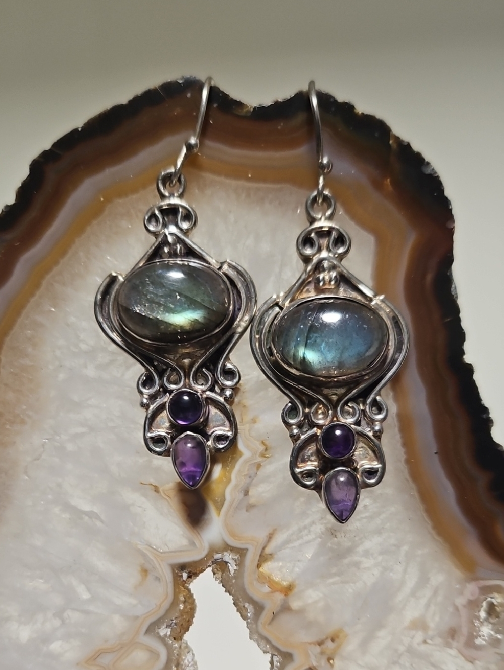 Labradorite and amethyst silver earrings